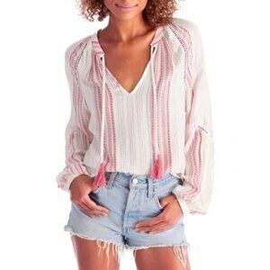 Allison New York Womens Striped Long Bell Sleeve Boho Top Tassels Crochet Sz XS